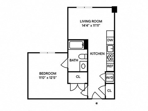 Floor plan for 1 bed, 1 bath, 593 sqft
